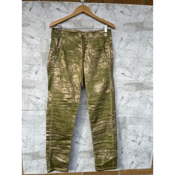 ALEMBIKA Green Gold Foil Cargo Pants | Size 2 | US 10 Designer Boho Luxe Punk - Picture 4 of 12